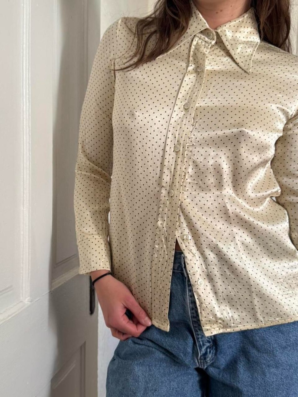 Vintage 70s Dagger Collar Polka Dot Novelty Print Button Down
